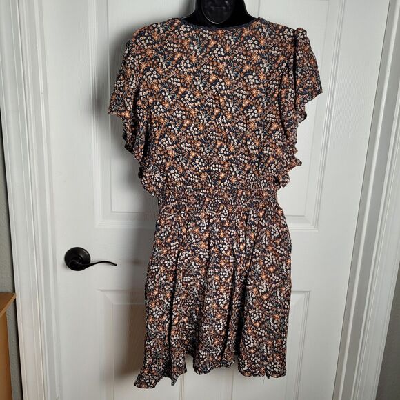 Angie Dress Medium Blue Ditzy Floral Plunge Neck Flutter Smock Waist Beach Boho - Picture 5 of 11